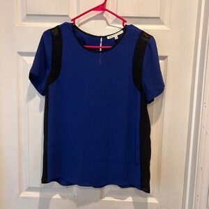 Daniel Rainn Royal Blue Black Mesh Panel Sheer Sleeve Keyhole Button Top Size S
